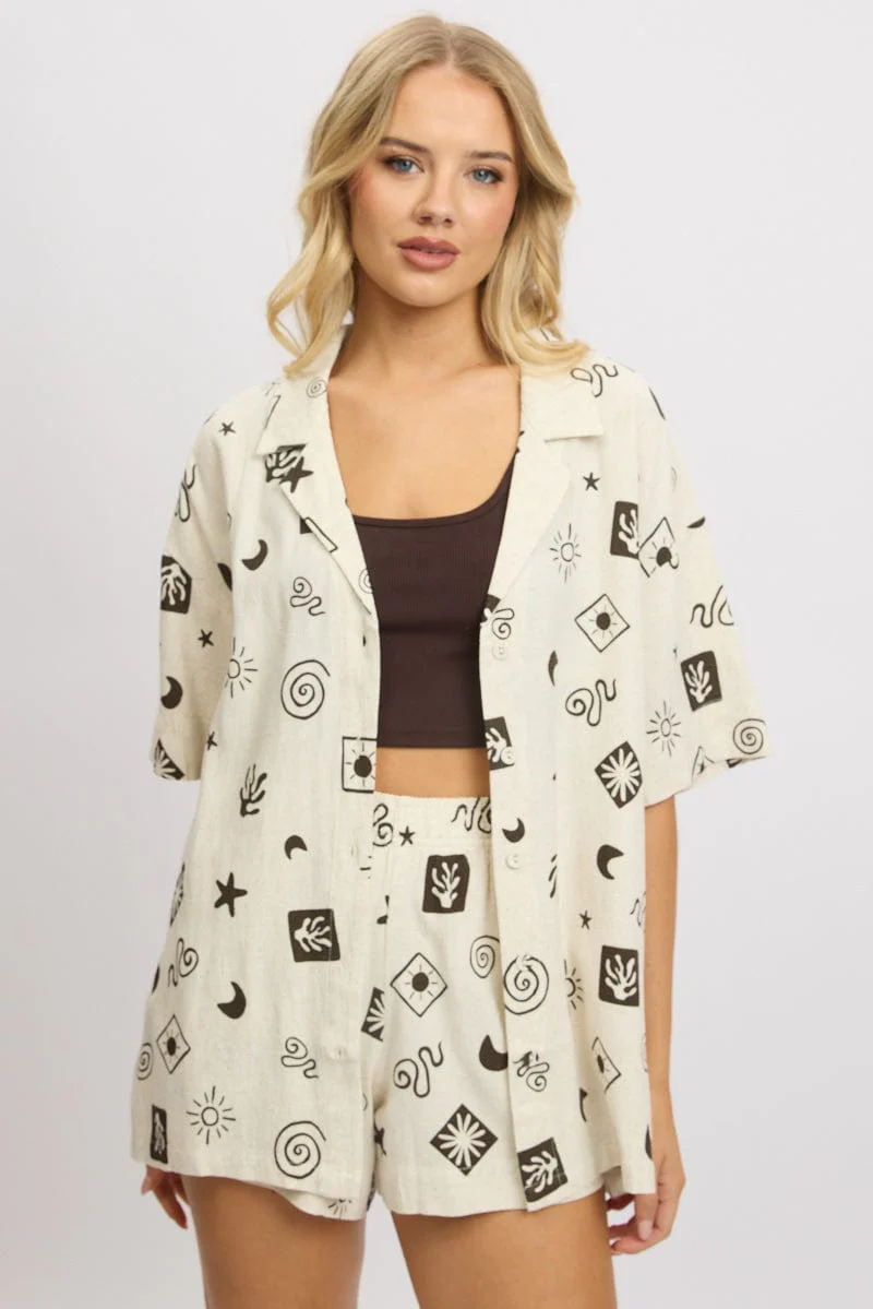 Beige Abstract Relaxed Shirt Short Sleeve Linen Blend - Image 3