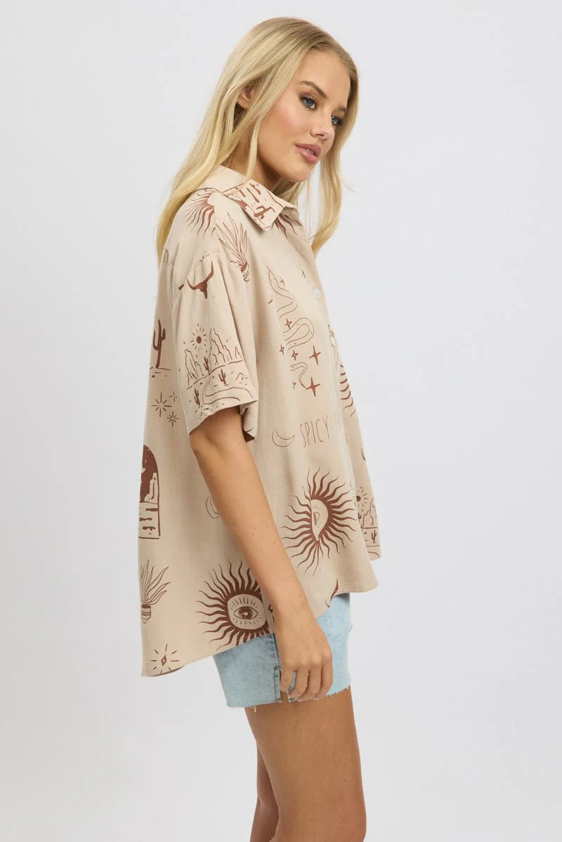 Beige Abstract Relaxed Shirt Short Sleeve - Image 4