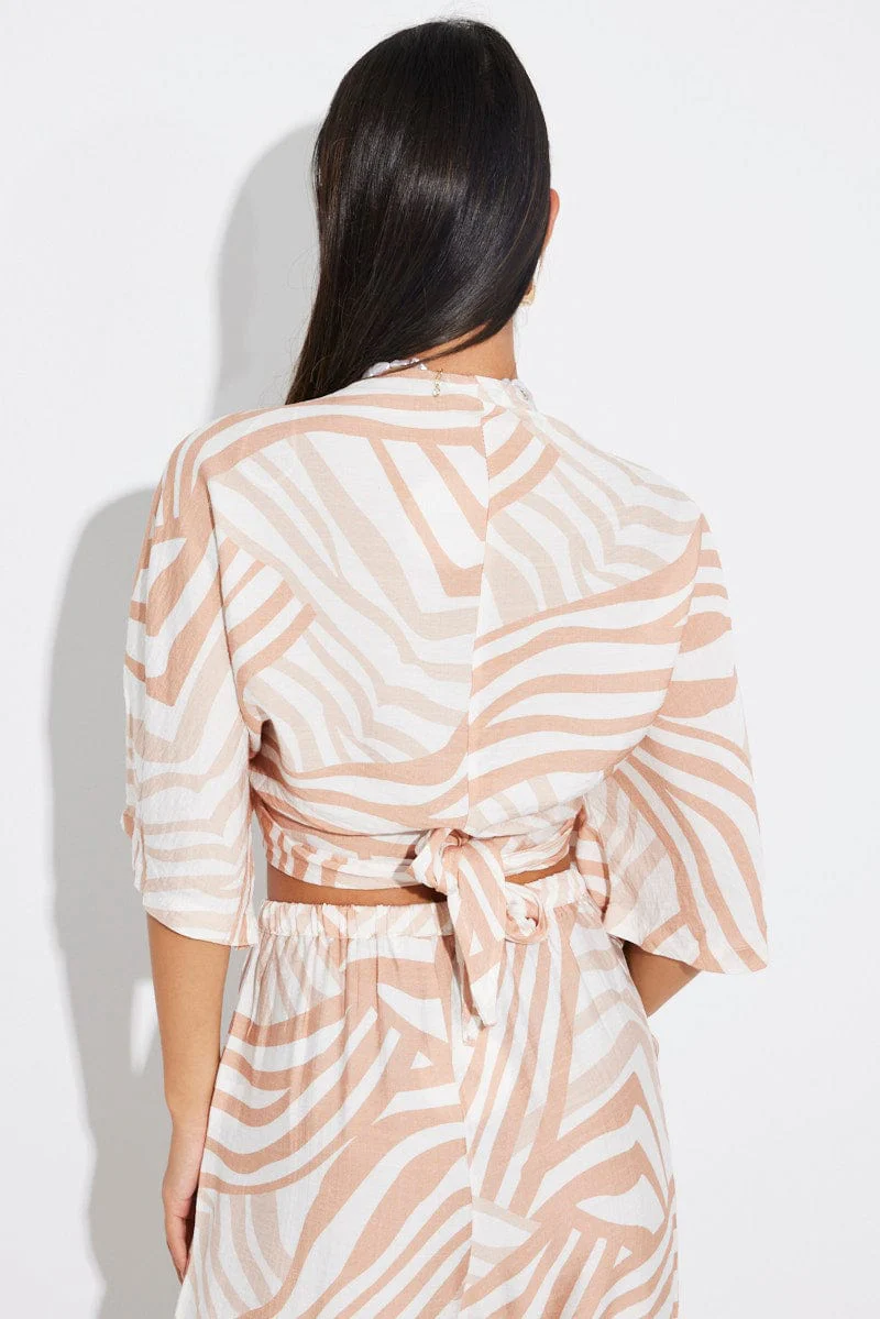 Beige Abstract Tie Up Bolero Short Sleeve - Image 5