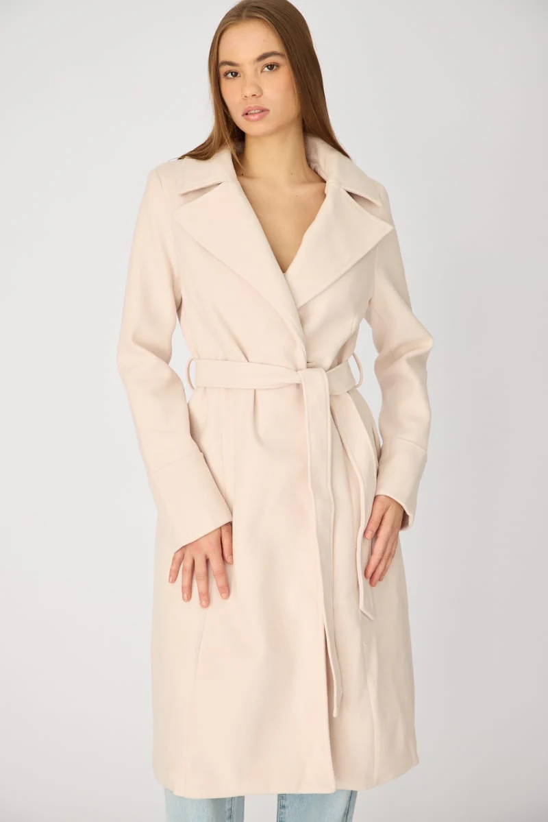 Beige Belted Coat Knee Length Long Sleeve - Image 2