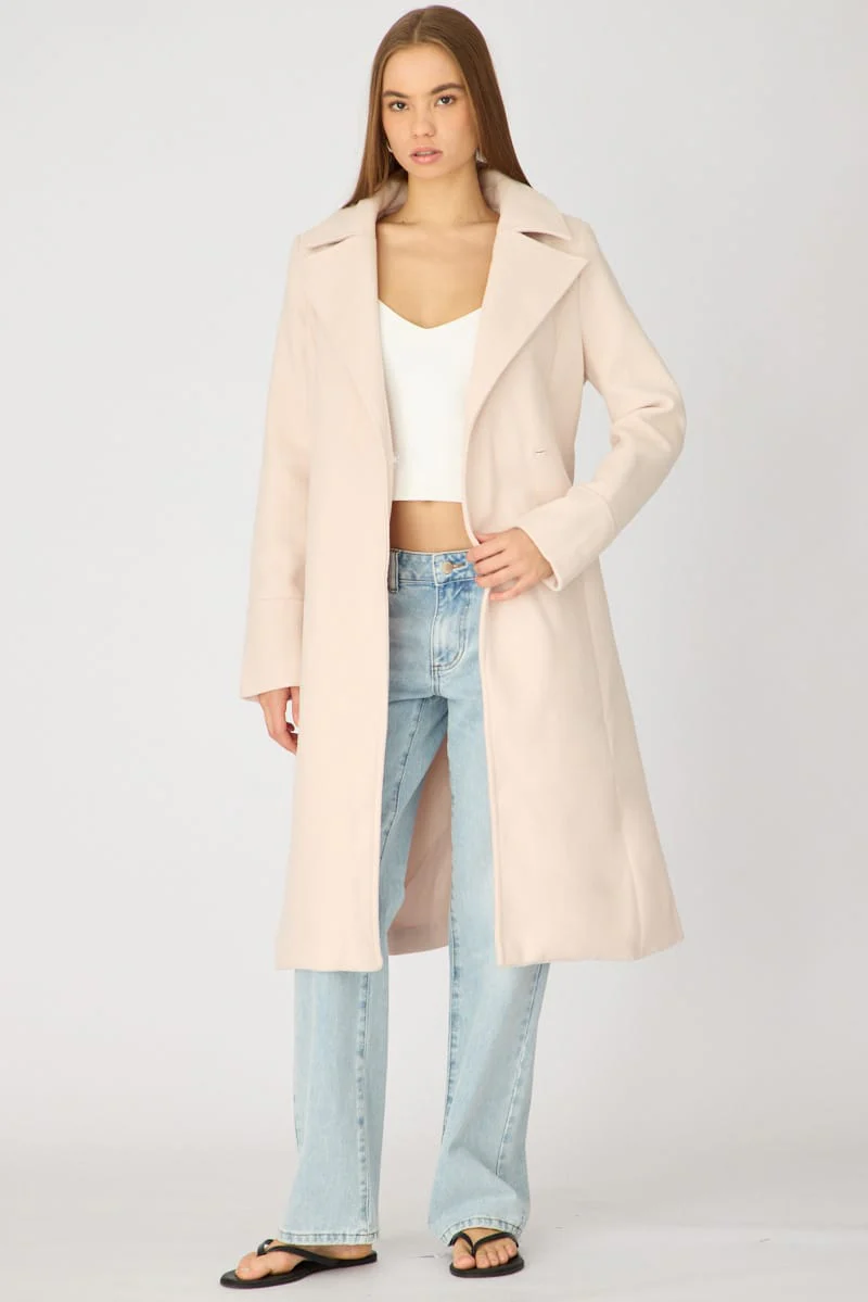 Beige Belted Coat Knee Length Long Sleeve - Image 3