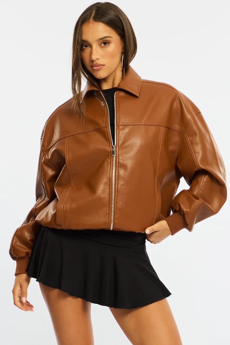 Beige Bomber Jacket Faux Leather - Image 2