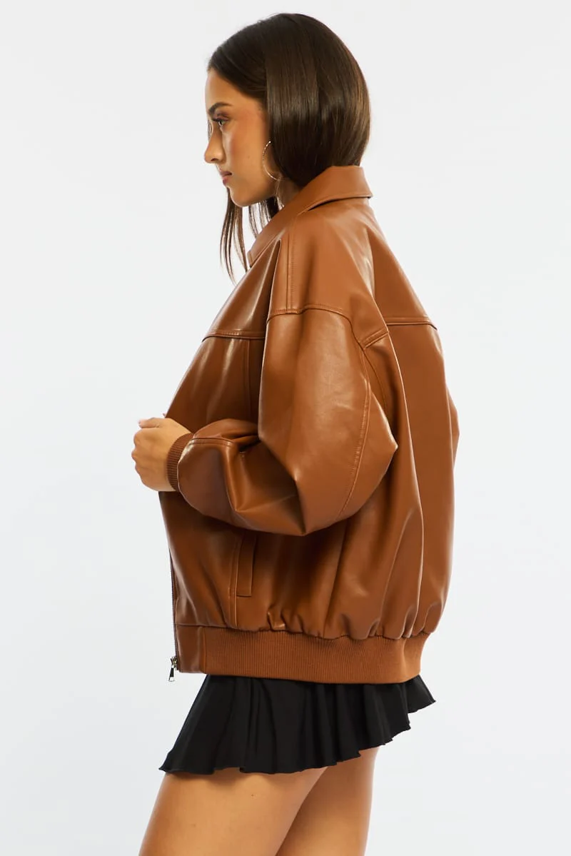 Beige Bomber Jacket Faux Leather - Image 5