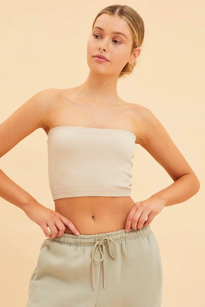 Beige Bone Seamless Bandeau Crop Rib - Image 3