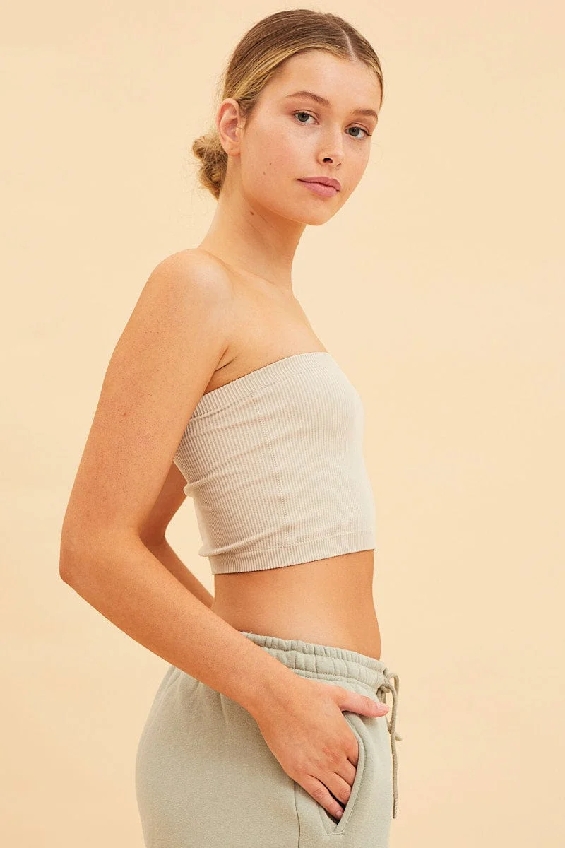 Beige Bone Seamless Bandeau Crop Rib - Image 4