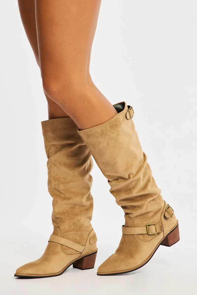 Beige Buckle Detail Cowboy Boots - Image 3