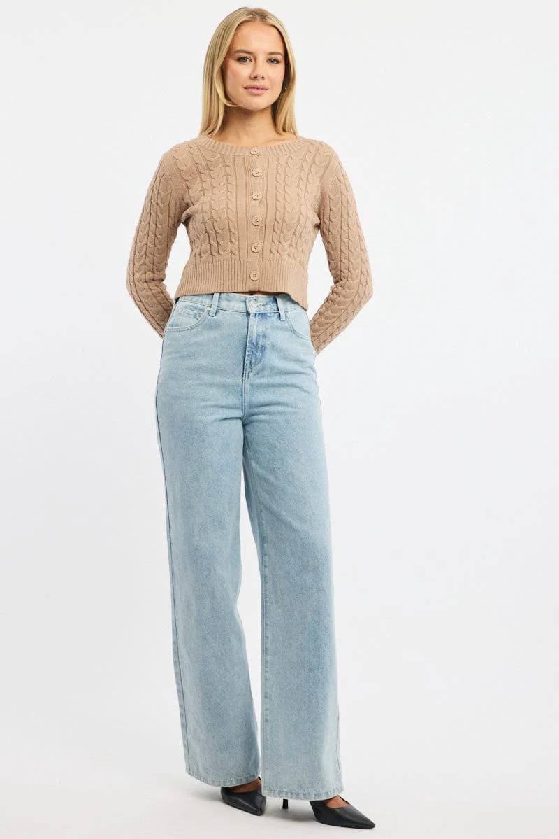 Beige Cable Knit Cardigan Long Sleeve Crew Neck - Image 2