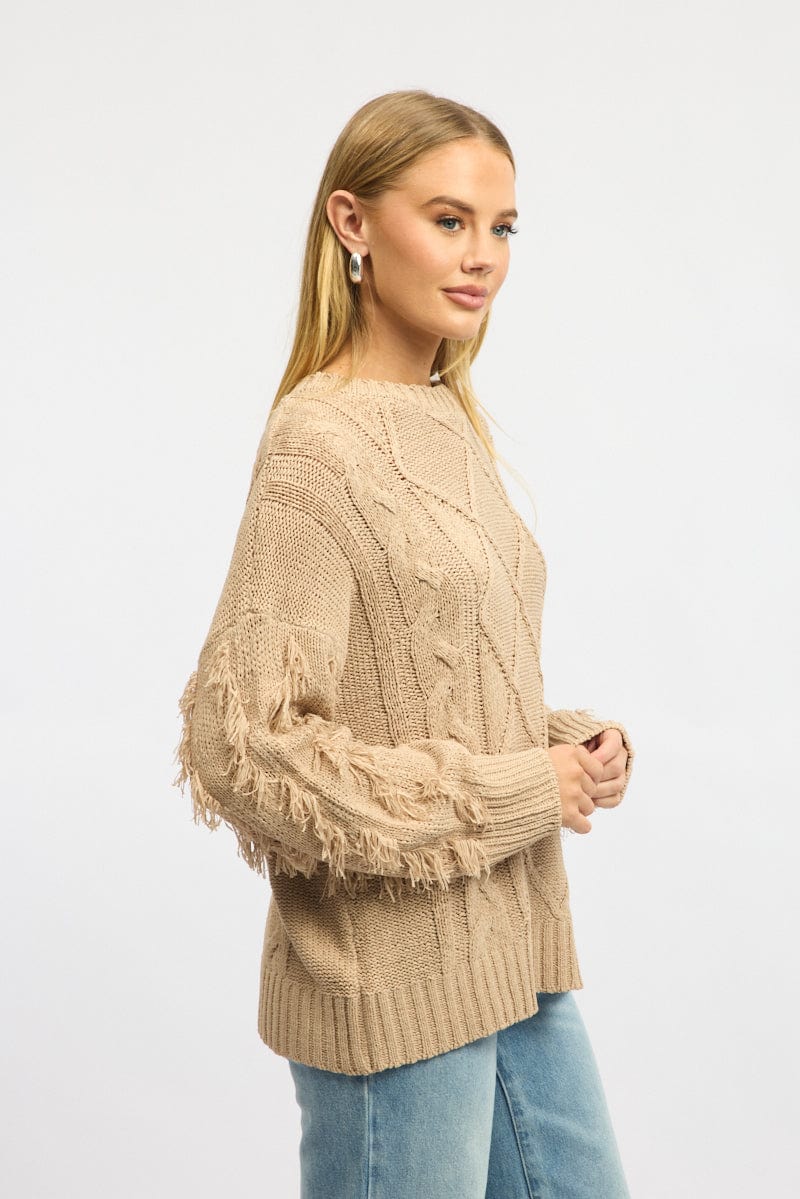 Beige Cable Knit Jumper High Neck - Image 3