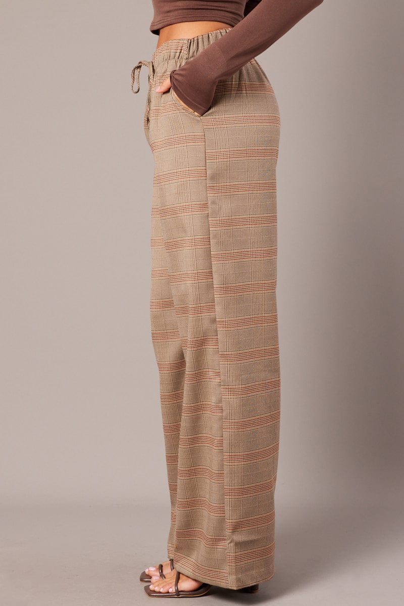 Beige Check Wide Leg Pants Elastic Waist - Image 4
