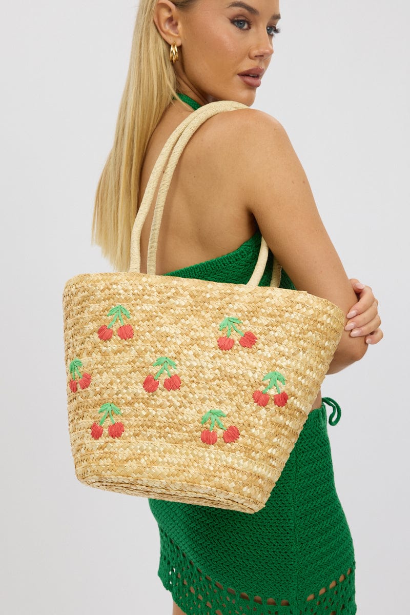 Beige Cherry Straw Tote Bag - Image 2