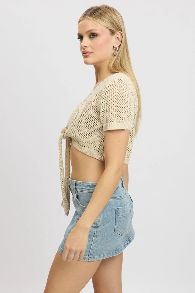 Beige Crochet Knit Cardigan Tie Up - Image 4
