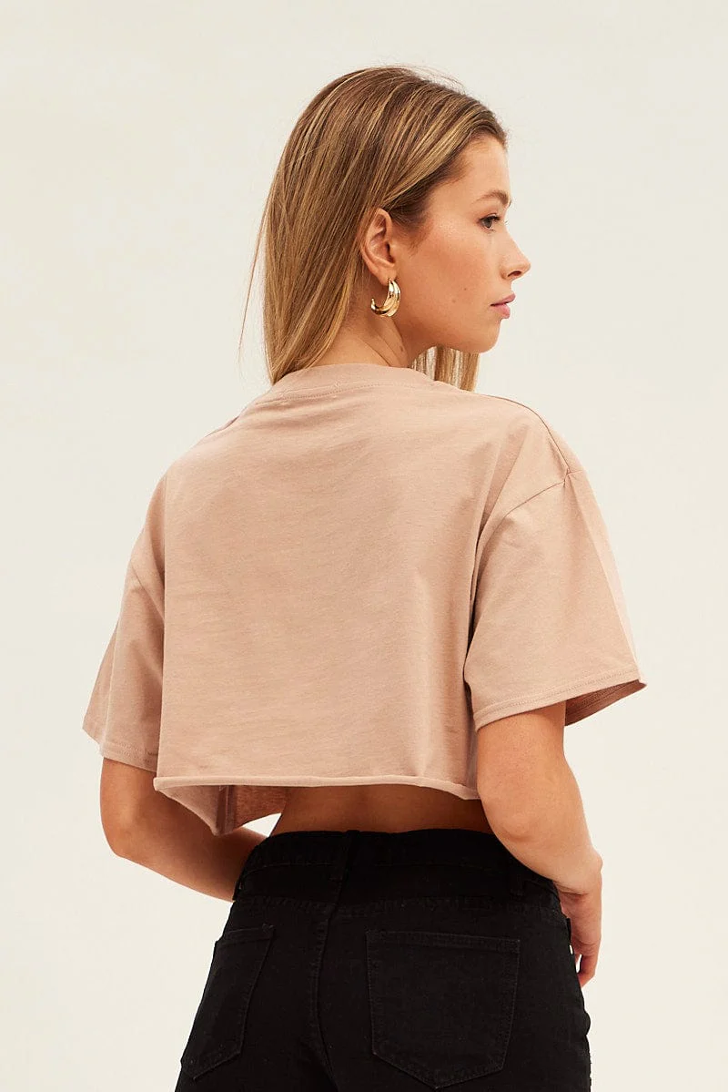 Beige Crop T Shirt Short Sleeve Crew Neck Hamptons - Image 5