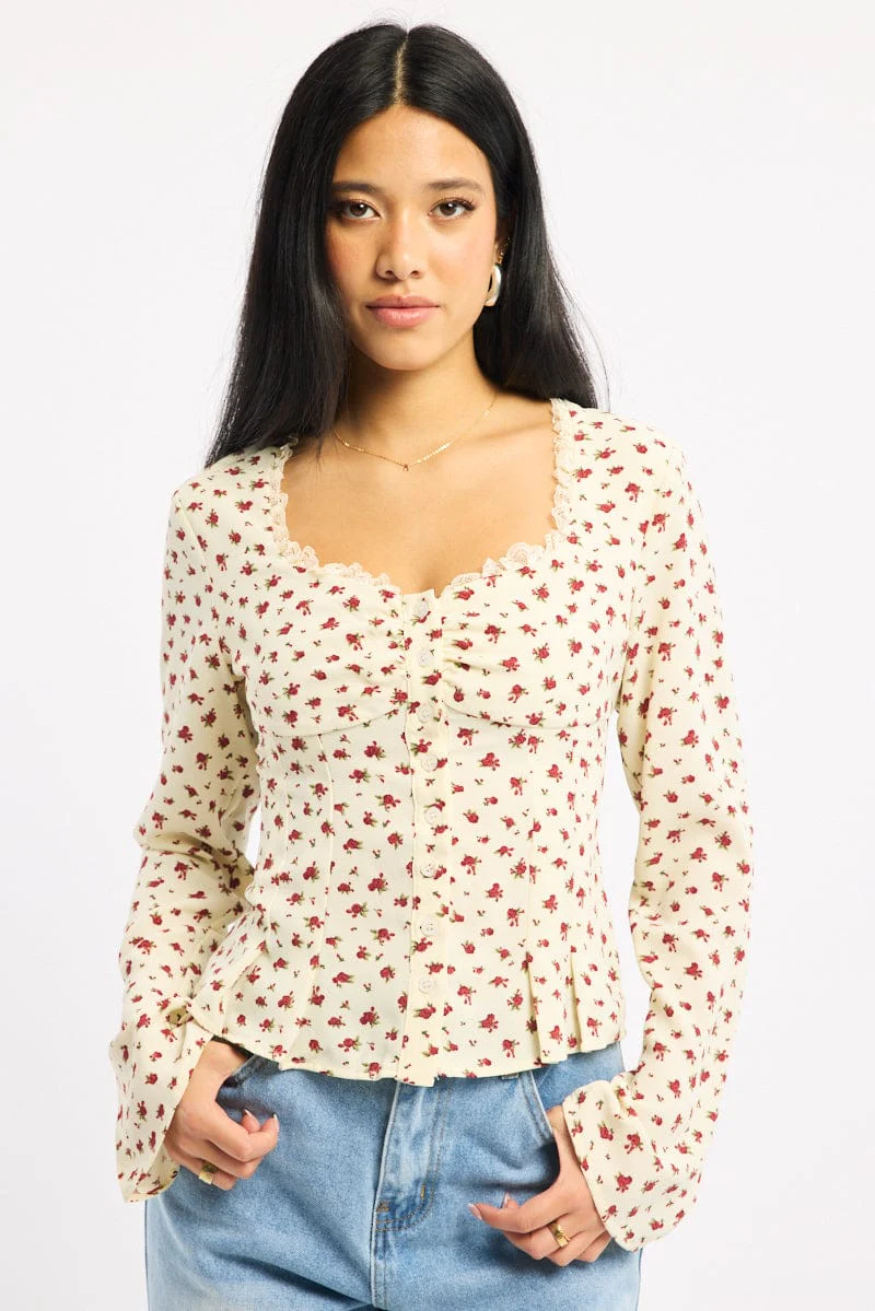 Beige Ditsy Button Up Top Long Sleeve Sweetheart Neckline - Image 2