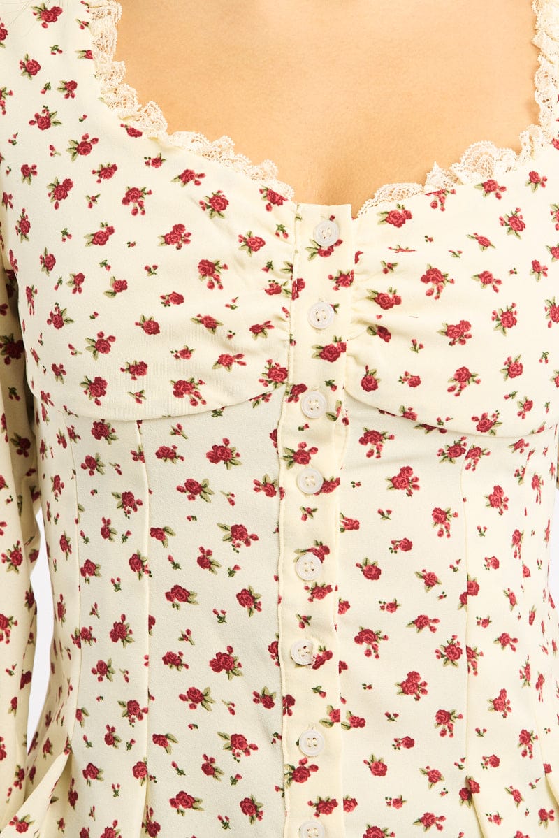 Beige Ditsy Button Up Top Long Sleeve Sweetheart Neckline - Image 5