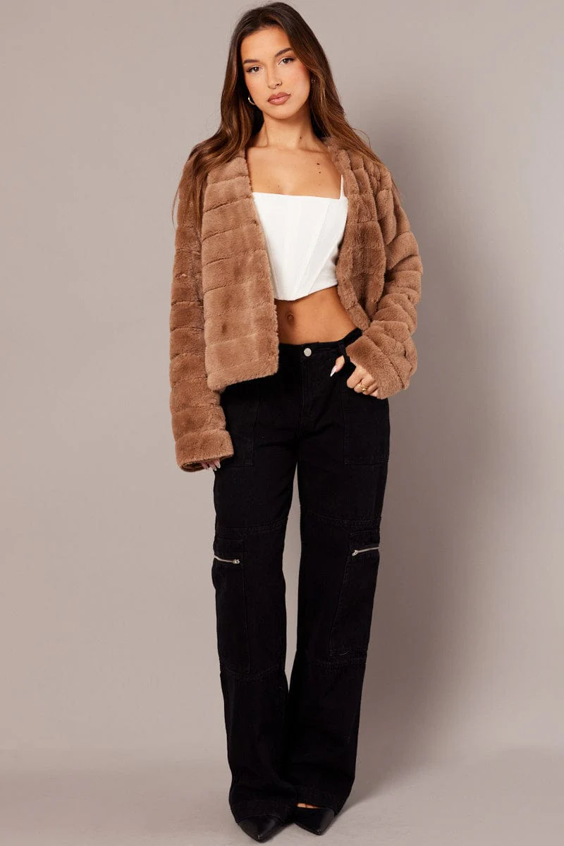 Beige Faux Fur Crop Jacket - Image 2