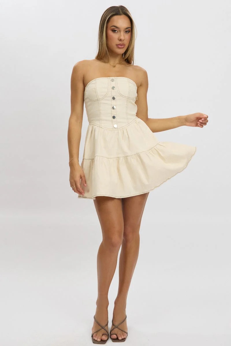 Beige Fit And Flare Dress Mini Strapless - Image 2