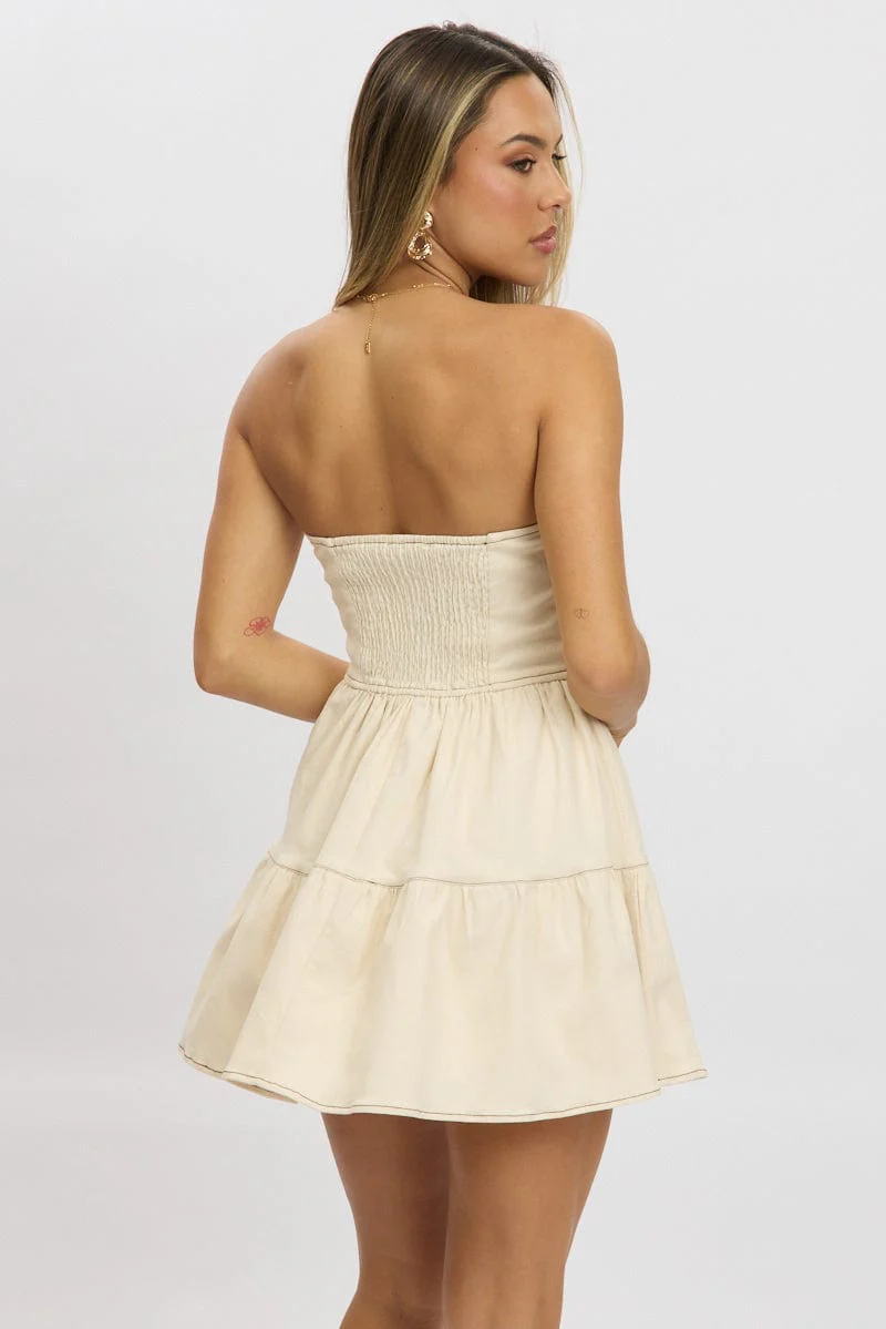 Beige Fit And Flare Dress Mini Strapless - Image 5