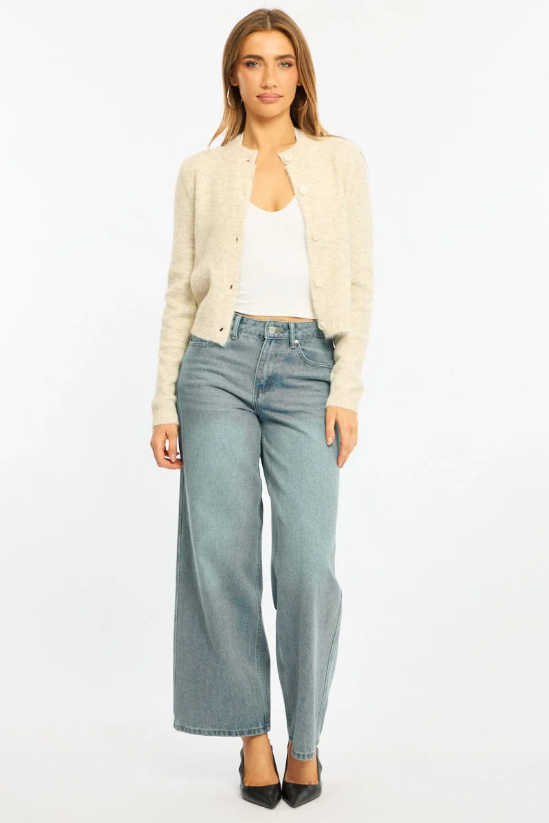 Beige Fitted Cardigan Long Sleeve Crew Neck - Image 3