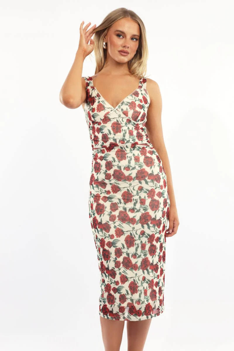 Beige Floral Bodycon Dress Mesh - Image 2