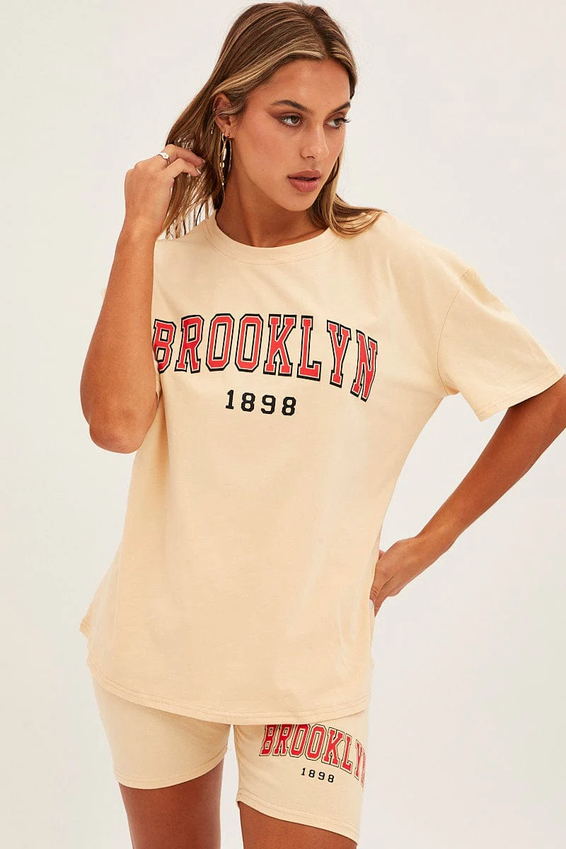 Beige Graphic T And Biker Shorts Set