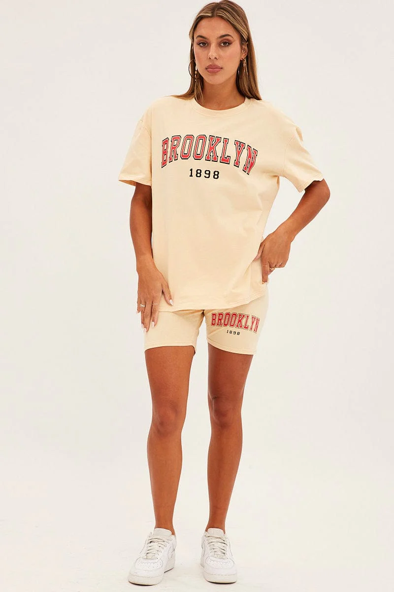 Beige Graphic T And Biker Shorts Set - Image 2
