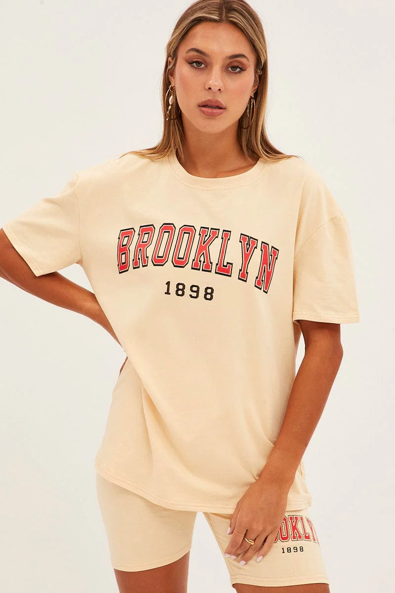 Beige Graphic T And Biker Shorts Set - Image 3