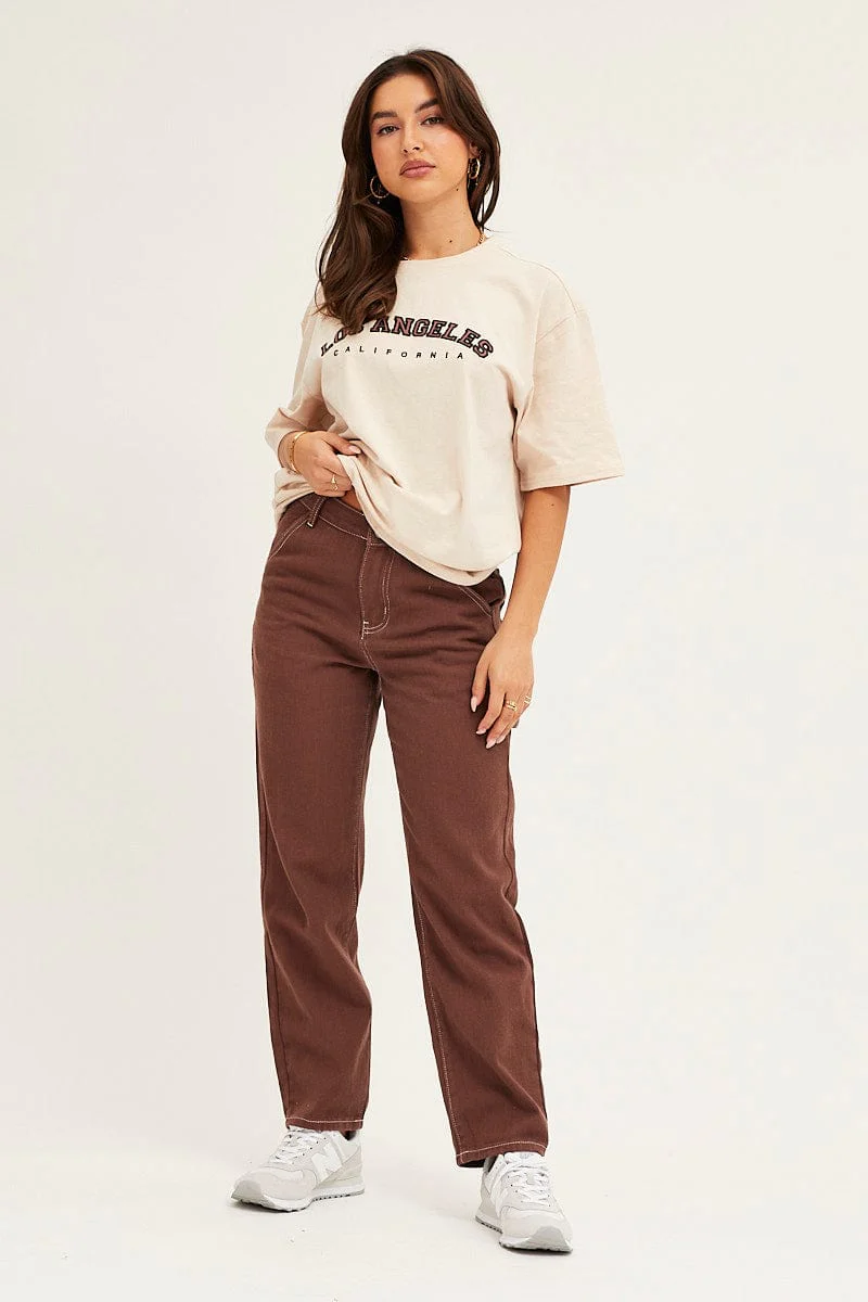 Beige Graphic T Shirt Crew Neck - Image 3