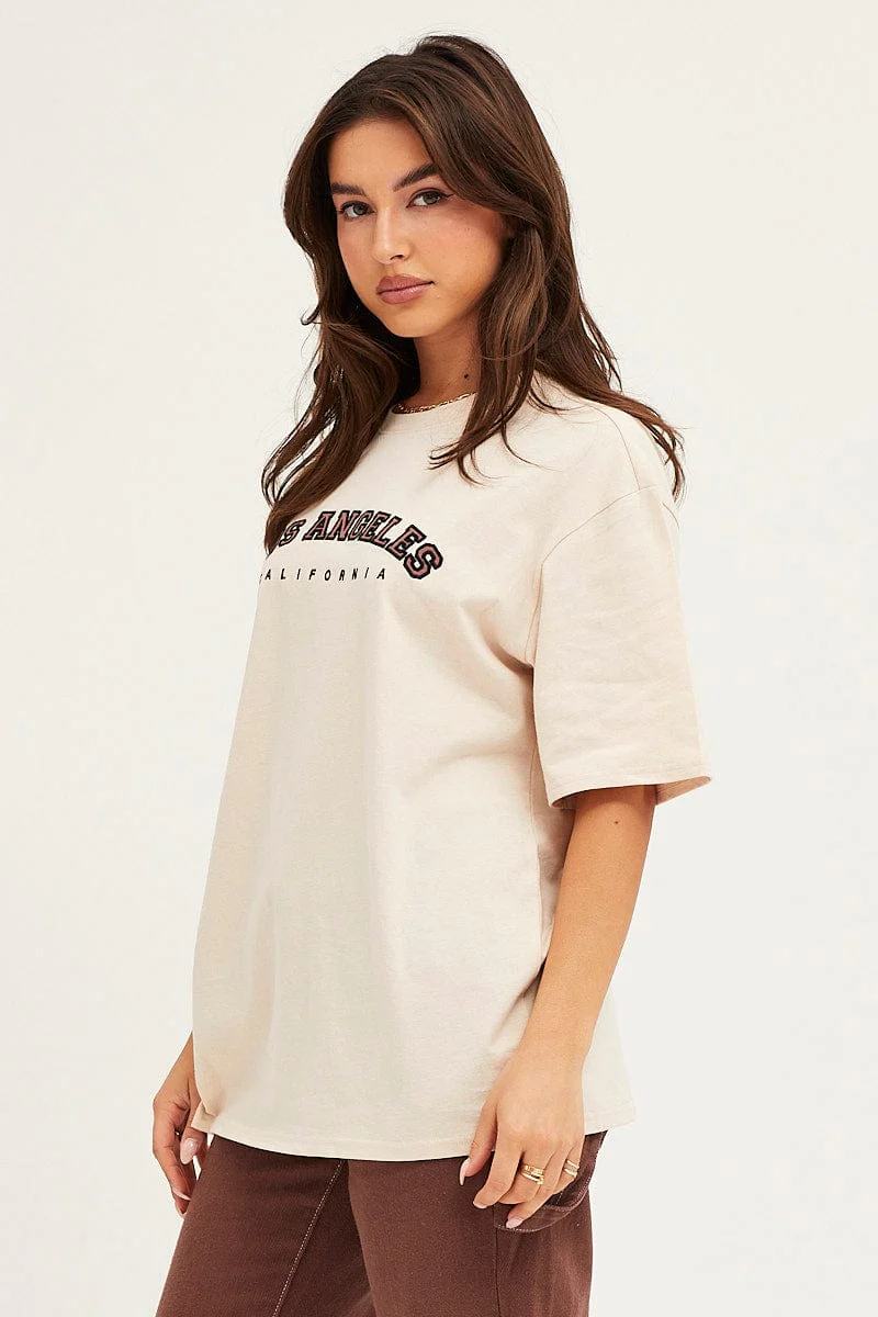 Beige Graphic T Shirt Crew Neck - Image 4