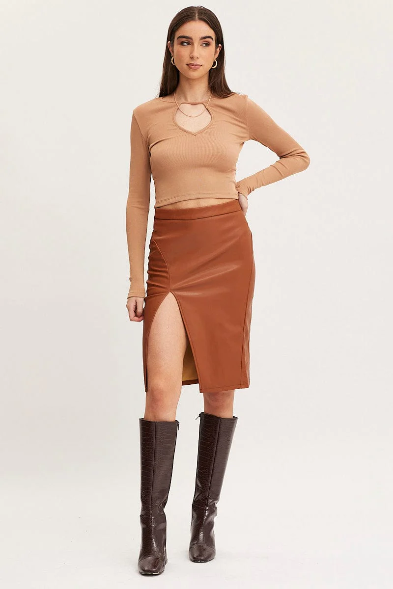Beige High Rise Skirt Front Split Faux Leather - Image 3