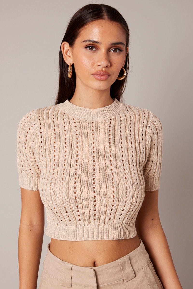 Beige Knit Top Crew Neck Short Sleeves Cropped - Image 3
