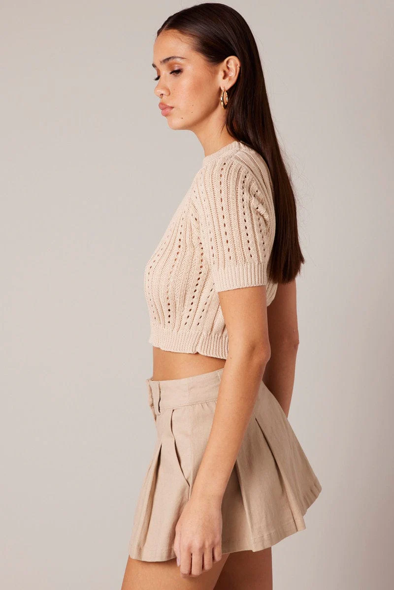 Beige Knit Top Crew Neck Short Sleeves Cropped - Image 4