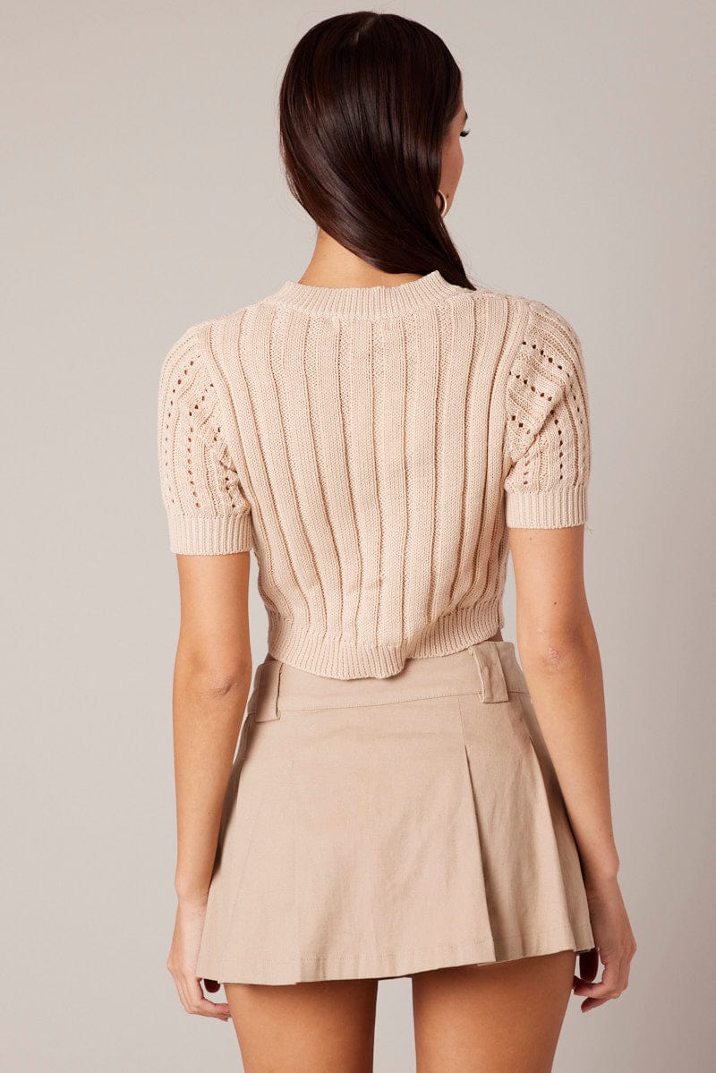 Beige Knit Top Crew Neck Short Sleeves Cropped - Image 5