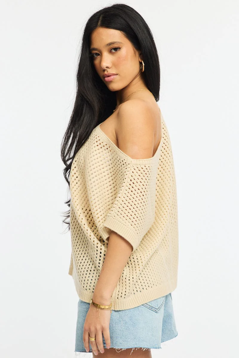 Beige Knit Top Off Shoulder - Image 3