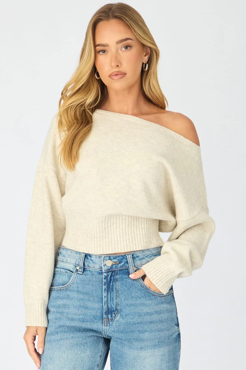 Beige Knit Top Off Shoulder Long Sleeve