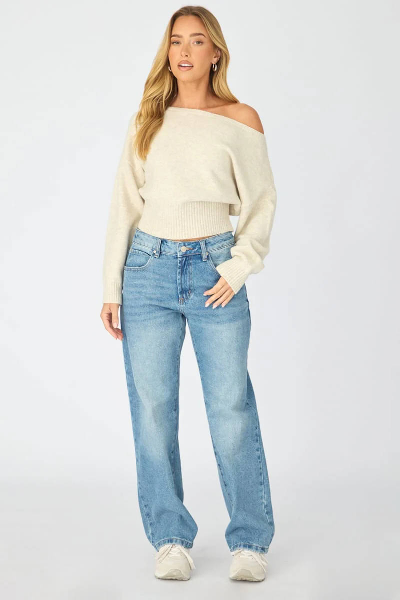 Beige Knit Top Off Shoulder Long Sleeve - Image 2