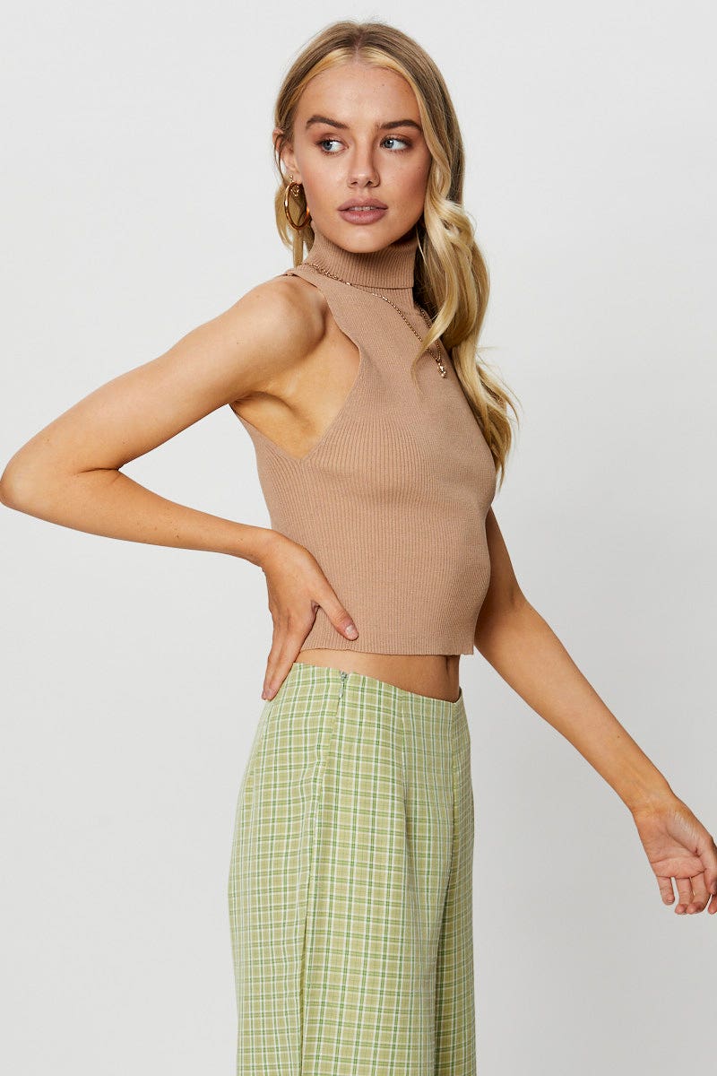 Beige Knit Top Sleeveless Turtleneck - Image 3