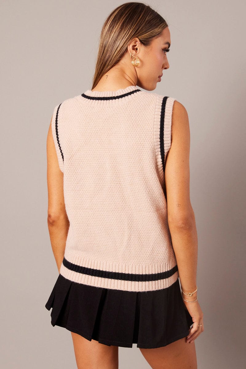 Beige Knit Vest Sleeveless V Neck Cable - Image 5