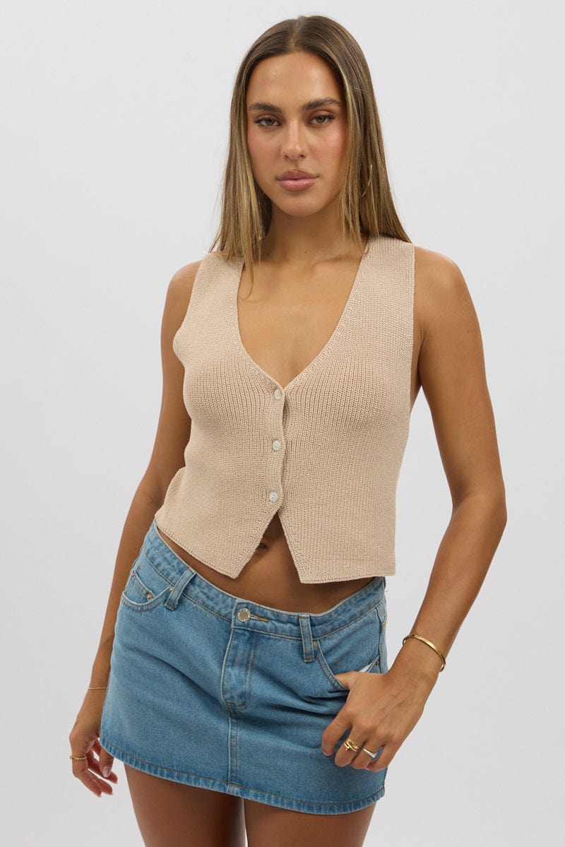 Beige Knit Vest V Neck - Image 3