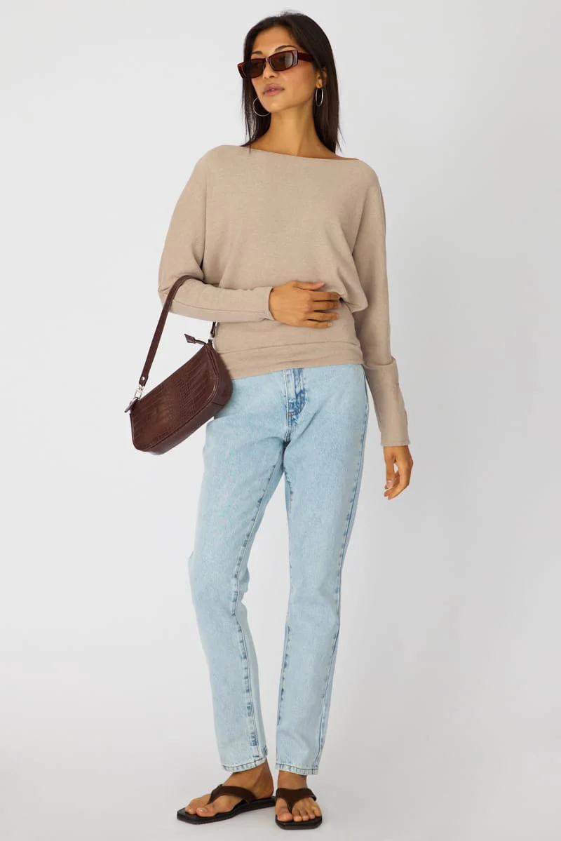Beige Long Sleeve Relaxed Fit Top - Image 2