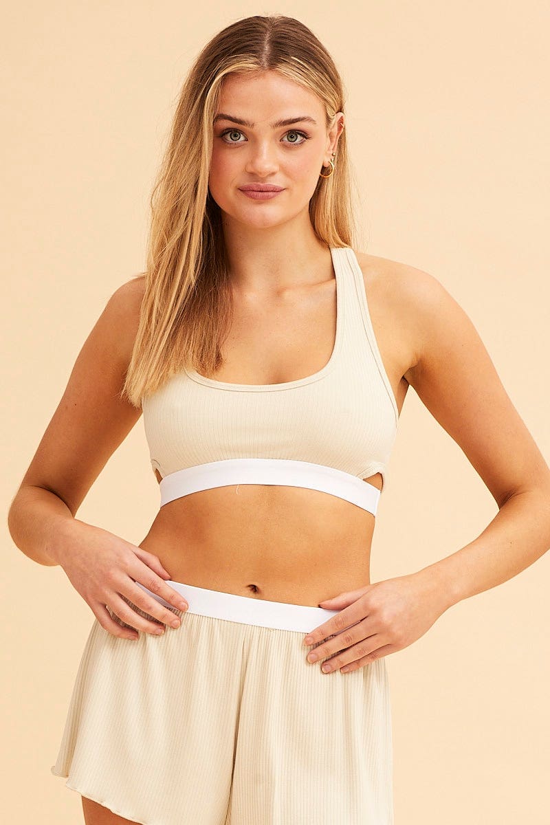 Beige Mia Cotton Stretch Cross Back Crop Top - Image 3