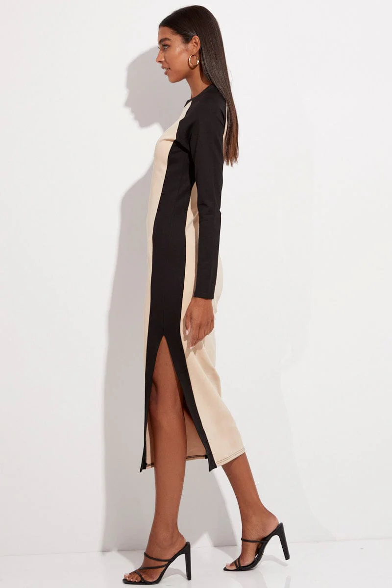 Beige Midi Dress Long Sleeve Round Neck Raglan Two-tone - Image 4