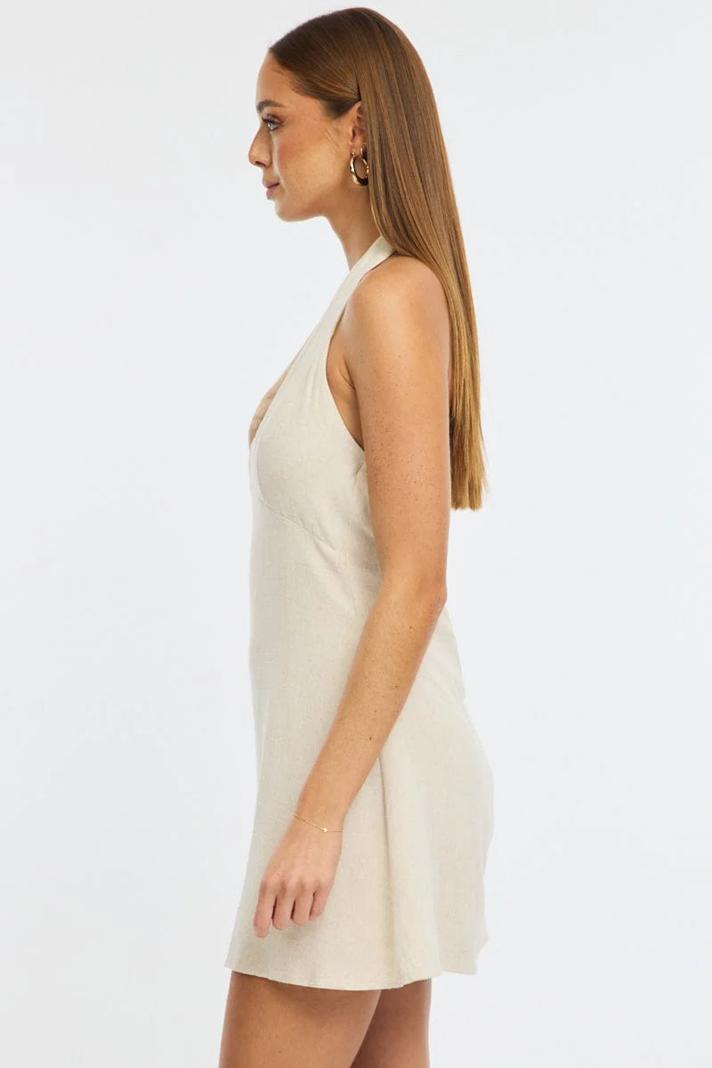 Beige Mini Dress V-neck - Image 4