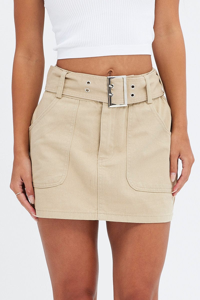 Beige Mini Skirt Low Rise Belted Cotton Blend - Image 2