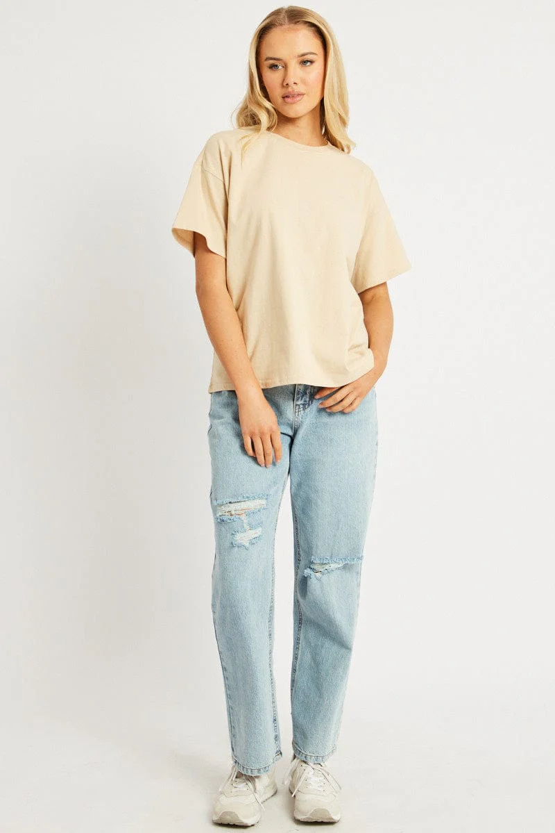 Beige Oversized T Shirt Short Sleeve Crew Neck - Image 2