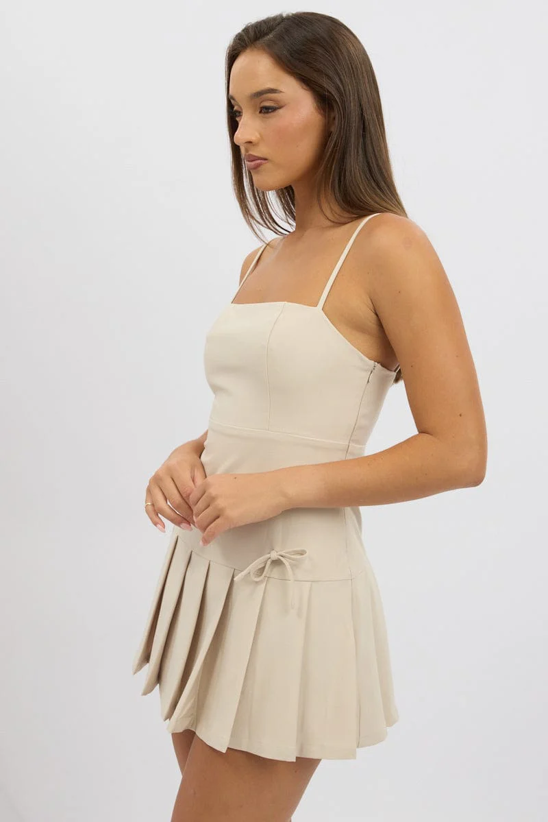 Beige Pleated Mini Dress - Image 4