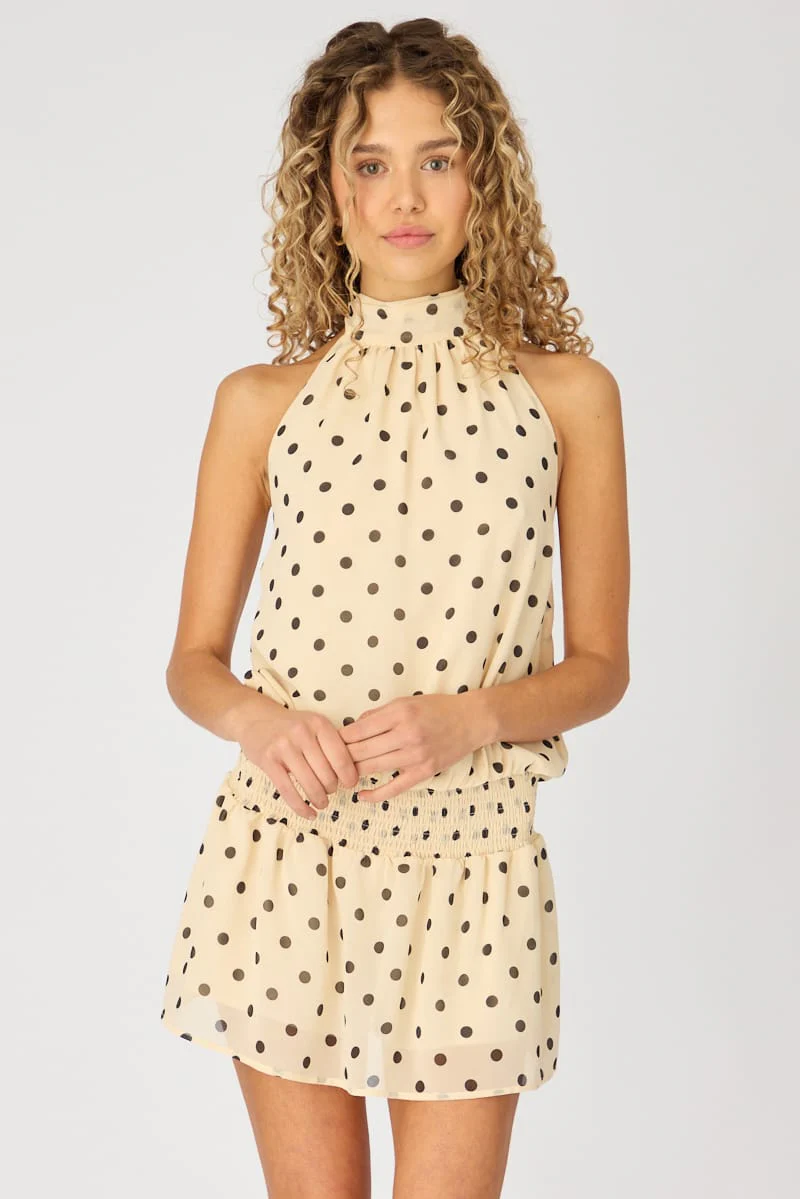Beige Polka Dot High Neck Dress Mini Chiffon - Image 3