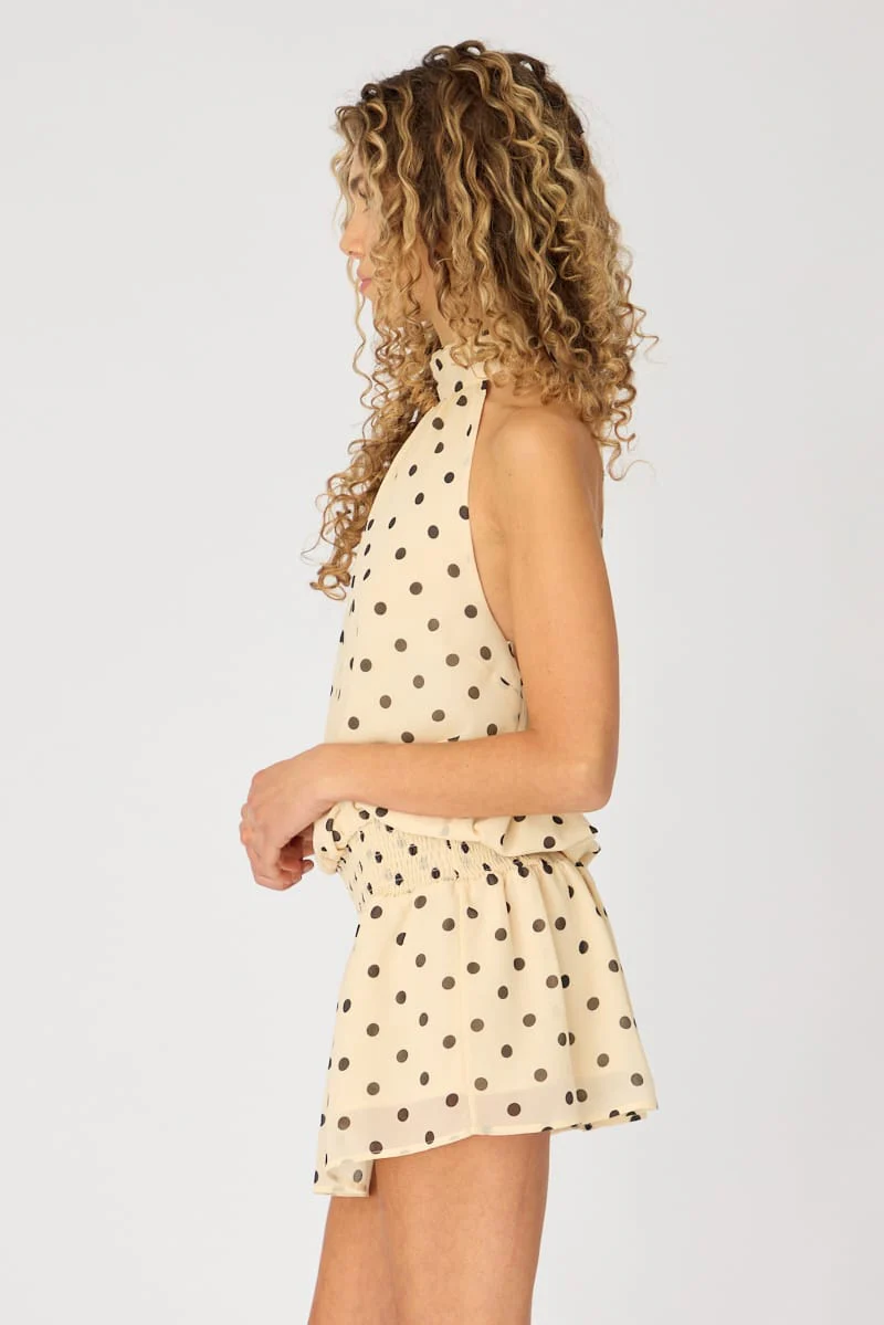 Beige Polka Dot High Neck Dress Mini Chiffon - Image 4