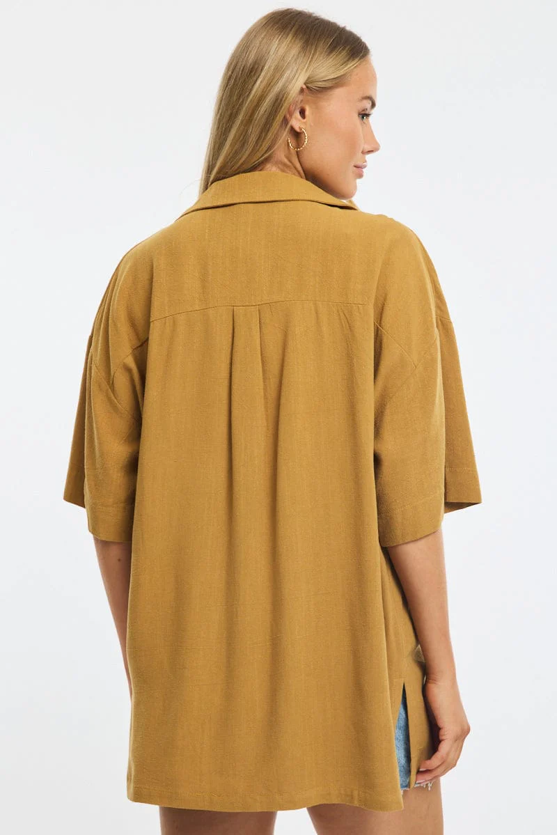 Beige Relaxed Shirt Short Sleeve Collared Linen Blend - Image 4