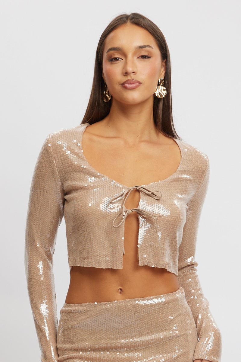 Beige Sequin Top Tie Up Front Long Sleeve - Image 2