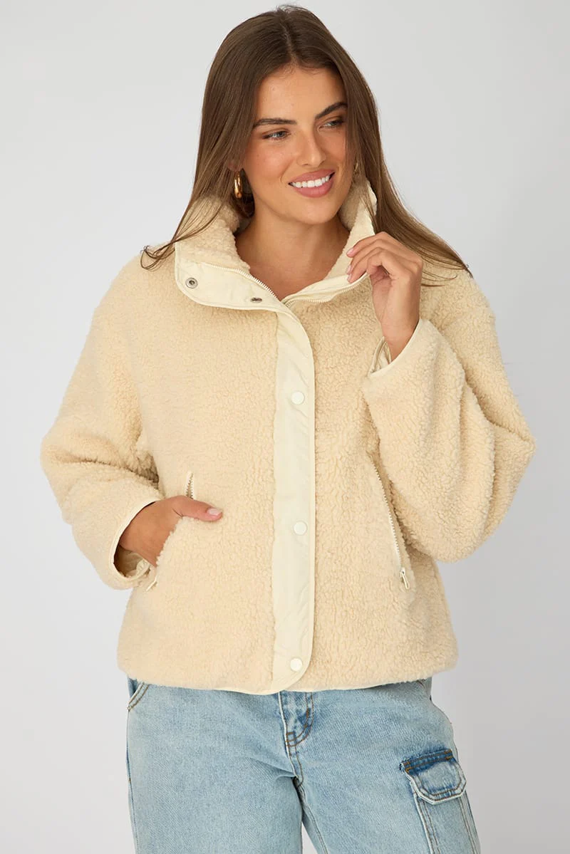 Beige Sherpa High Neck Jacket Teddy - Image 3